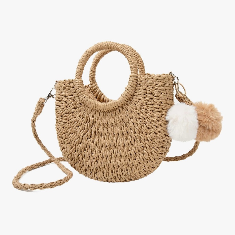 Chic Tan Woven Handbag with Pom Poms